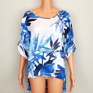 Larsen Gray blue/cream short sleeve blouse SIZE M